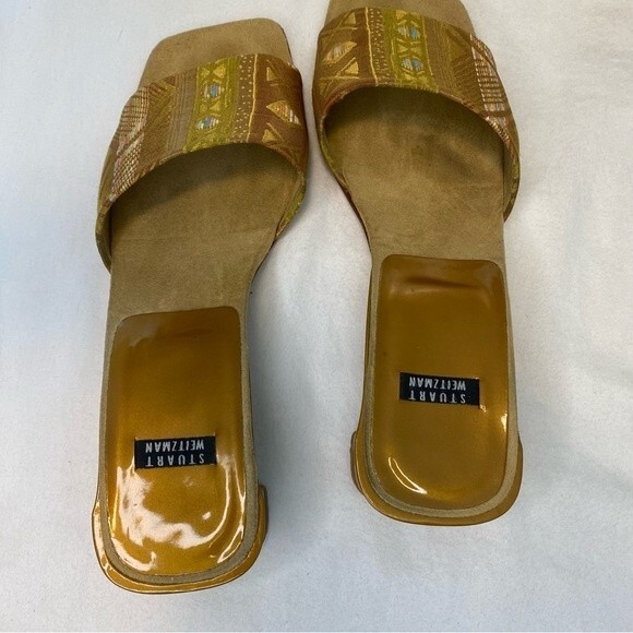 Stuart Weitzman Sandals Suede Brocade Square Toe Block Heel Retro SZ 6.5 - Picture 6 of 14